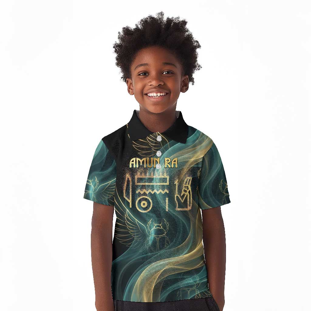 Amun Ancient Egyptian Kid Polo Shirt with Mystical Smoke Swirl Pattern, Fiery Ram Head, and Hieroglyphic - Wonder Print Shop