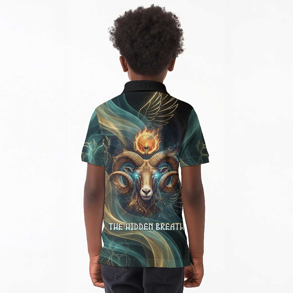 Amun Ancient Egyptian Kid Polo Shirt with Mystical Smoke Swirl Pattern, Fiery Ram Head, and Hieroglyphic - Wonder Print Shop