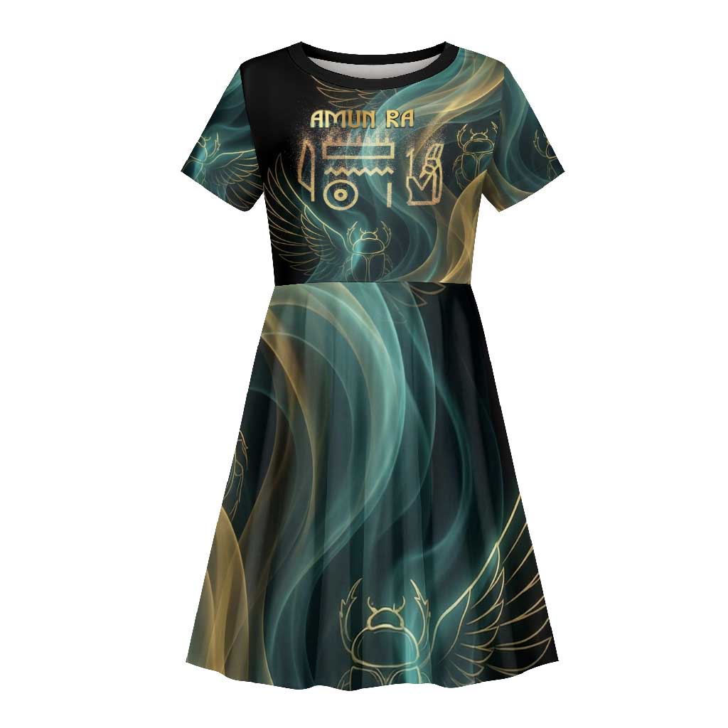 Amun Ancient Egyptian Kid Short Sleeve Dress with Mystical Smoke Swirl Pattern, Fiery Ram Head, and Hieroglyphic - Wonder Print Shop