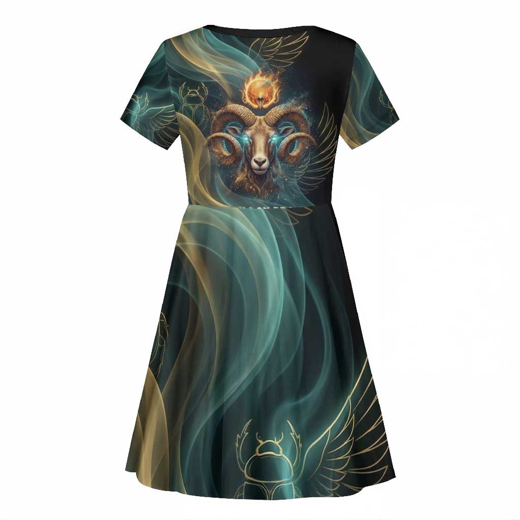 Amun Ancient Egyptian Kid Short Sleeve Dress with Mystical Smoke Swirl Pattern, Fiery Ram Head, and Hieroglyphic - Wonder Print Shop