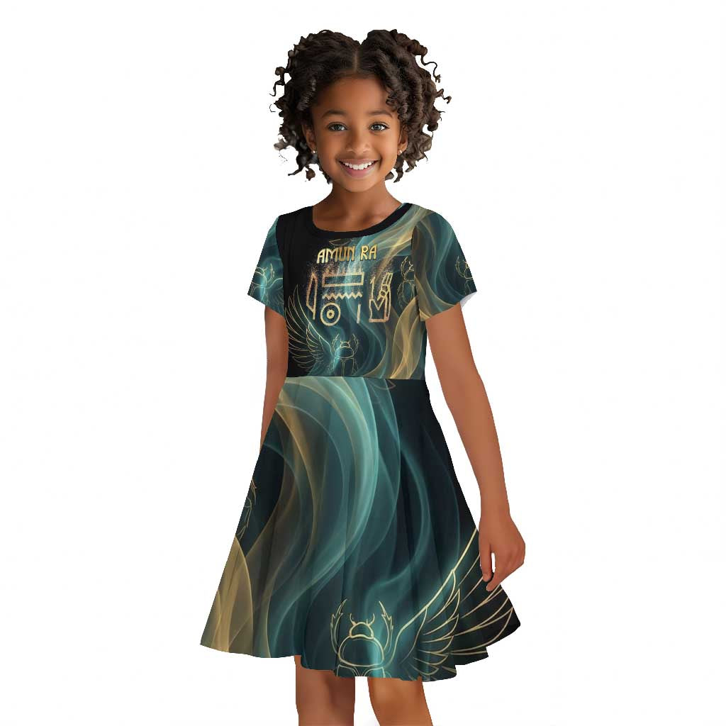 Amun Ancient Egyptian Kid Short Sleeve Dress with Mystical Smoke Swirl Pattern, Fiery Ram Head, and Hieroglyphic - Wonder Print Shop