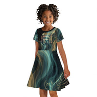 Amun Ancient Egyptian Kid Short Sleeve Dress with Mystical Smoke Swirl Pattern, Fiery Ram Head, and Hieroglyphic - Wonder Print Shop