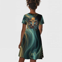 Amun Ancient Egyptian Kid Short Sleeve Dress with Mystical Smoke Swirl Pattern, Fiery Ram Head, and Hieroglyphic - Wonder Print Shop