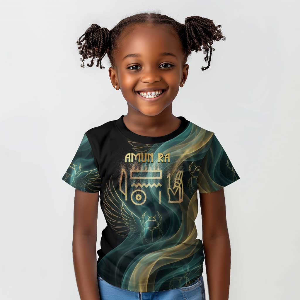 Amun Ancient Egyptian Kid T shirt with Mystical Smoke Swirl Pattern, Fiery Ram Head, and Hieroglyphic - Wonder Print Shop