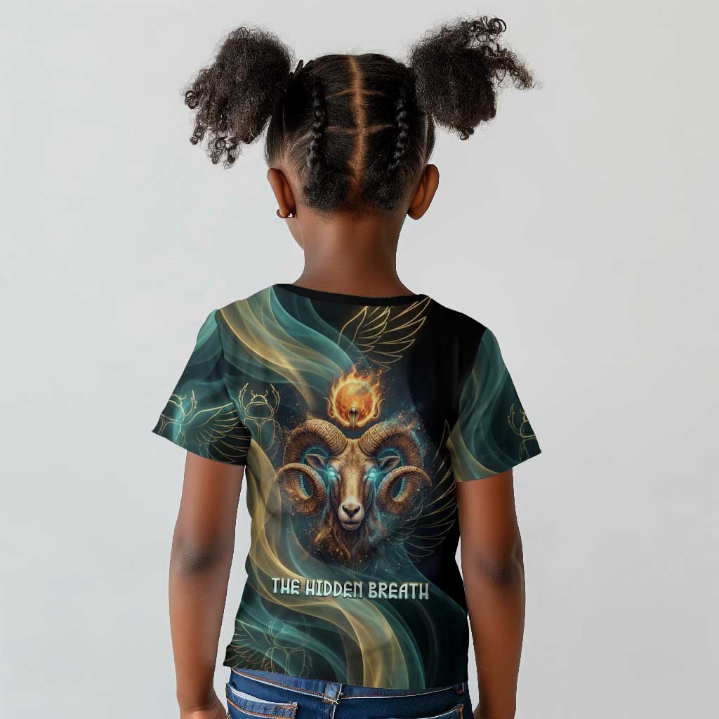 Amun Ancient Egyptian Kid T shirt with Mystical Smoke Swirl Pattern, Fiery Ram Head, and Hieroglyphic - Wonder Print Shop