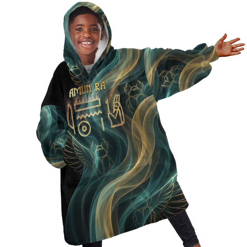 Amun Ancient Egyptian Kid Wearable Blanket Hoodie with Mystical Smoke Swirl Pattern, Fiery Ram Head, and Hieroglyphic - Wonder Print Shop