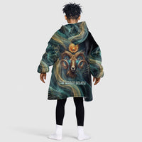 Amun Ancient Egyptian Kid Wearable Blanket Hoodie with Mystical Smoke Swirl Pattern, Fiery Ram Head, and Hieroglyphic - Wonder Print Shop