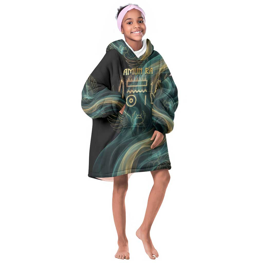 Amun Ancient Egyptian Kid Wearable Blanket Hoodie with Mystical Smoke Swirl Pattern, Fiery Ram Head, and Hieroglyphic - Wonder Print Shop
