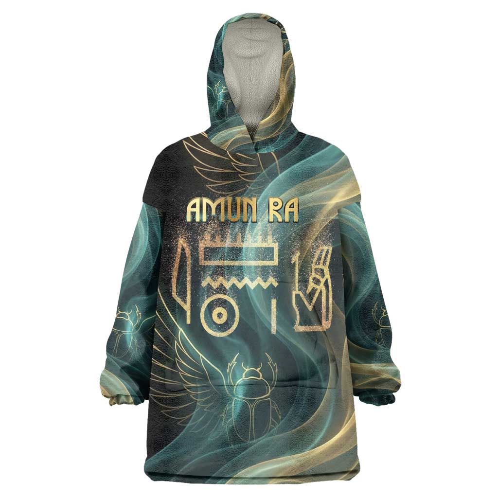 Amun Ancient Egyptian Kid Wearable Blanket Hoodie with Mystical Smoke Swirl Pattern, Fiery Ram Head, and Hieroglyphic - Wonder Print Shop