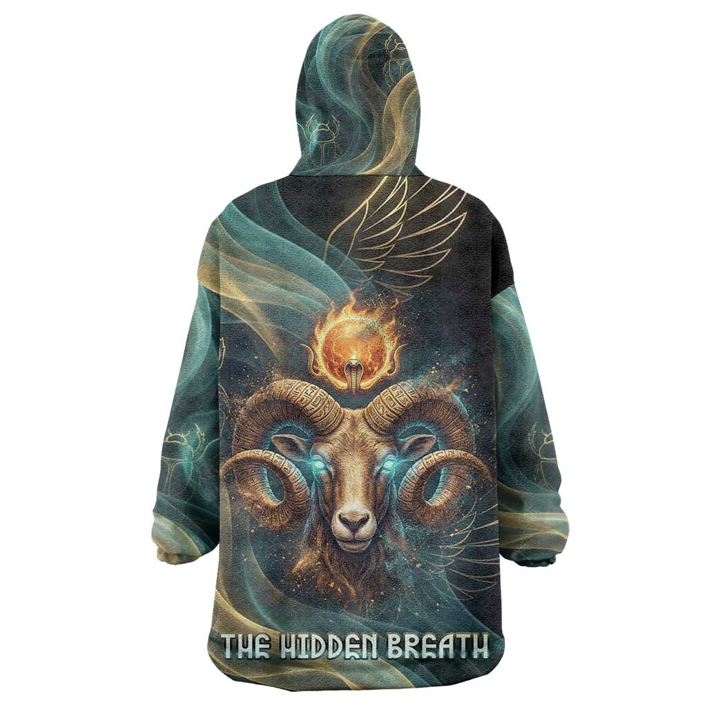 Amun Ancient Egyptian Kid Wearable Blanket Hoodie with Mystical Smoke Swirl Pattern, Fiery Ram Head, and Hieroglyphic - Wonder Print Shop