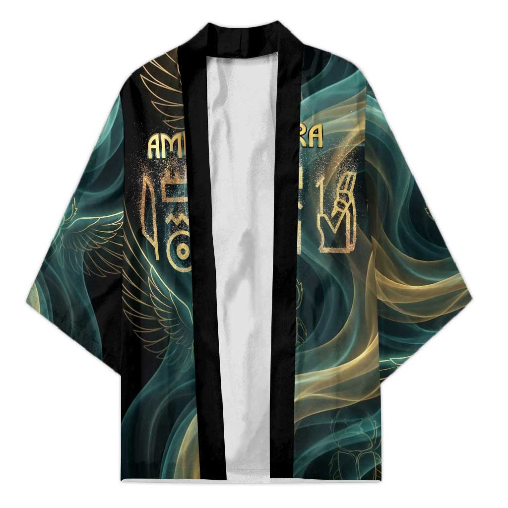 Amun Ancient Egyptian Kimono with Mystical Smoke Swirl Pattern, Fiery Ram Head, and Hieroglyphic - Wonder Print Shop
