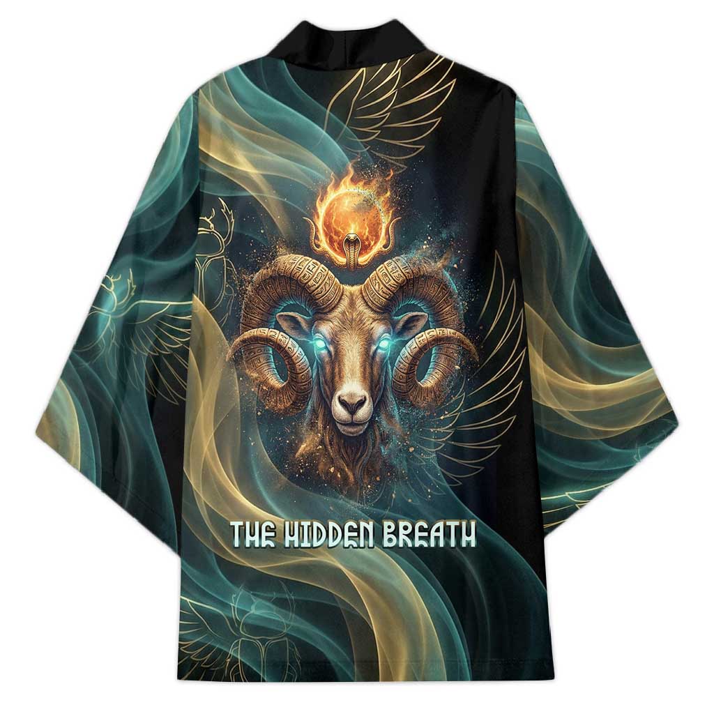 Amun Ancient Egyptian Kimono with Mystical Smoke Swirl Pattern, Fiery Ram Head, and Hieroglyphic - Wonder Print Shop