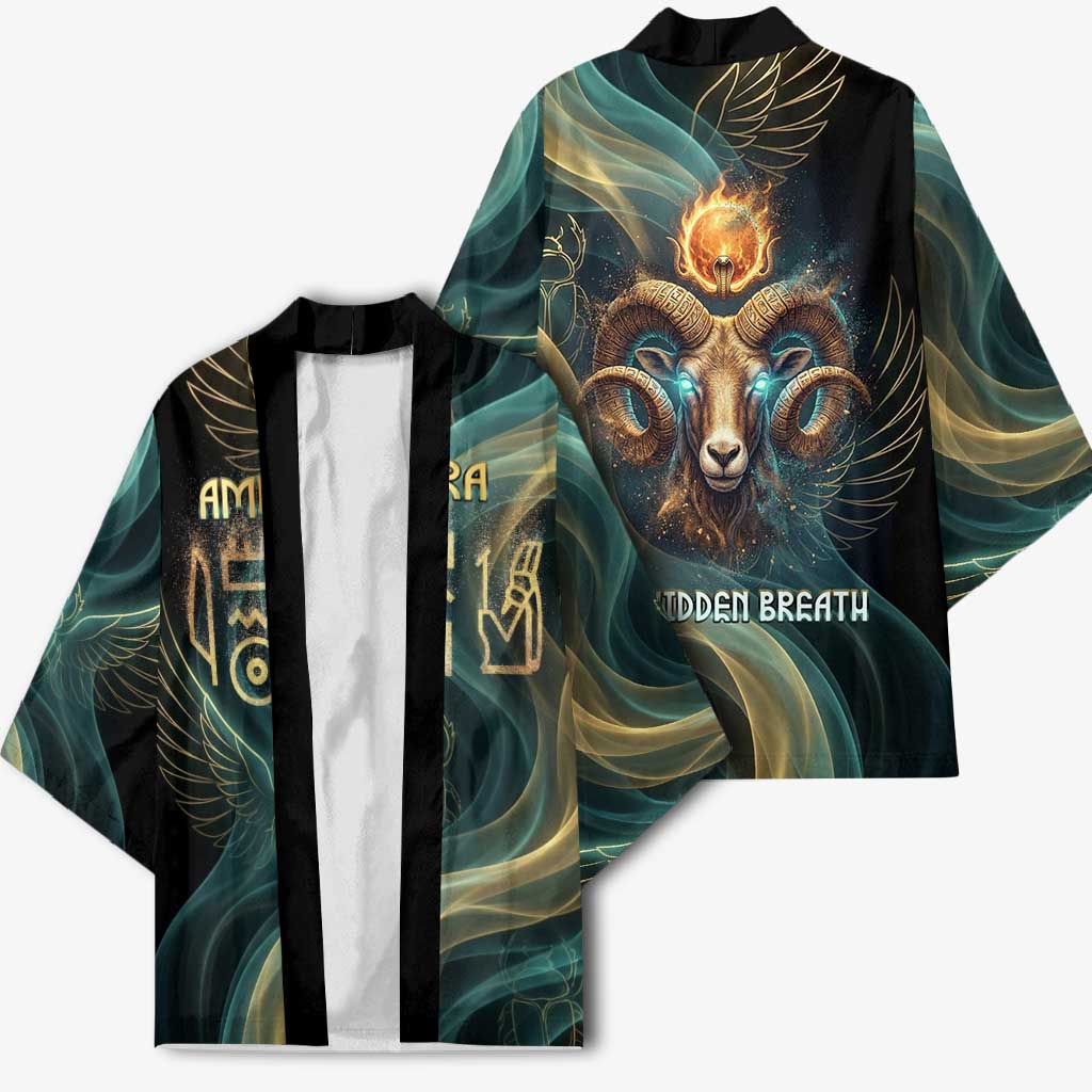 Amun Ancient Egyptian Kimono with Mystical Smoke Swirl Pattern, Fiery Ram Head, and Hieroglyphic - Wonder Print Shop