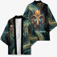 Amun Ancient Egyptian Kimono with Mystical Smoke Swirl Pattern, Fiery Ram Head, and Hieroglyphic - Wonder Print Shop