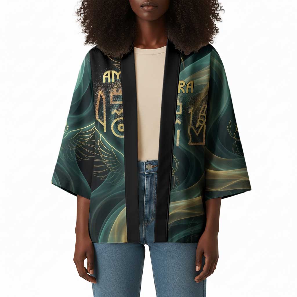 Amun Ancient Egyptian Kimono with Mystical Smoke Swirl Pattern, Fiery Ram Head, and Hieroglyphic - Wonder Print Shop
