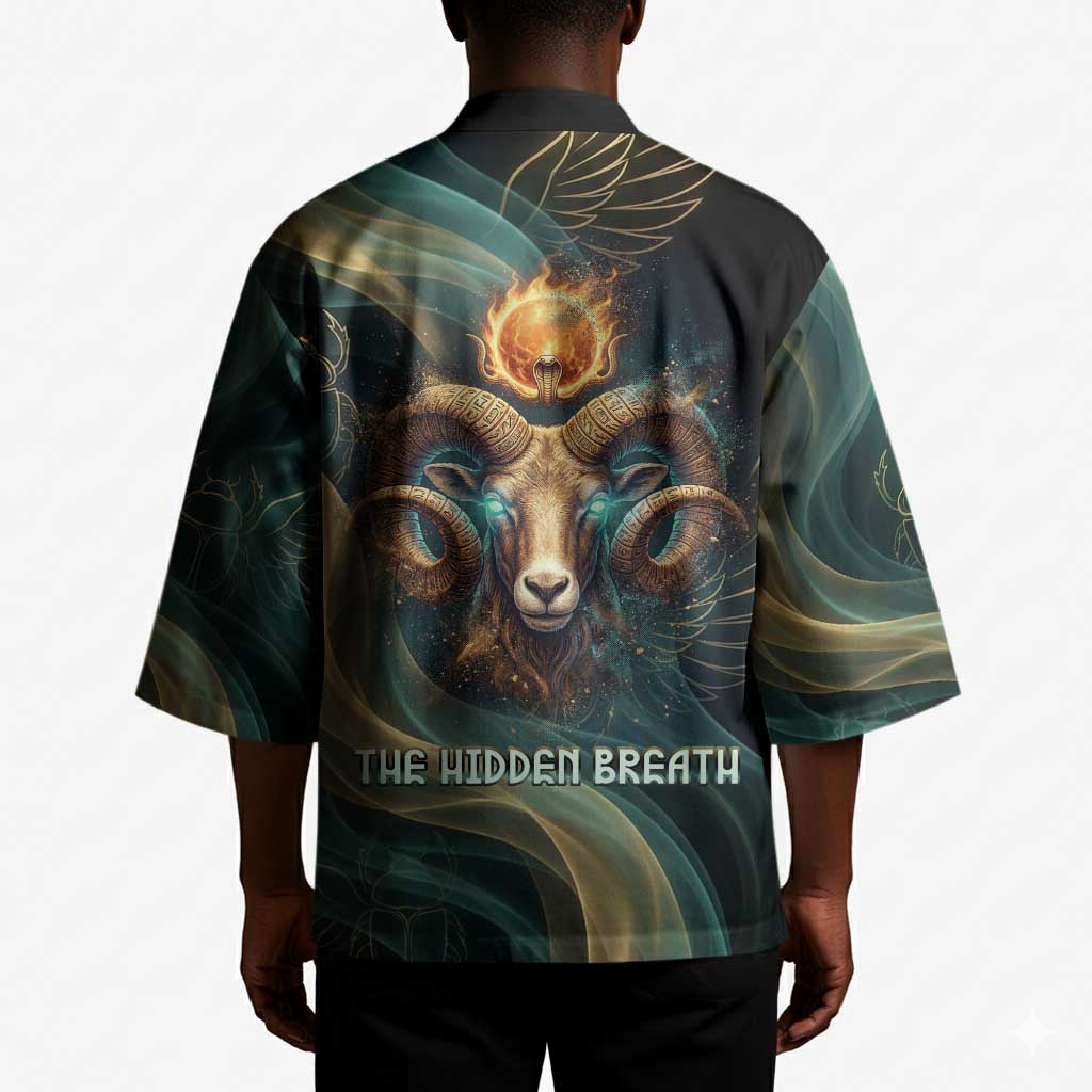 Amun Ancient Egyptian Kimono with Mystical Smoke Swirl Pattern, Fiery Ram Head, and Hieroglyphic - Wonder Print Shop