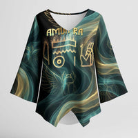 Amun Ancient Egyptian Kimono Sleeve Blouse with Mystical Smoke Swirl Pattern, Fiery Ram Head, and Hieroglyphic - Wonder Print Shop