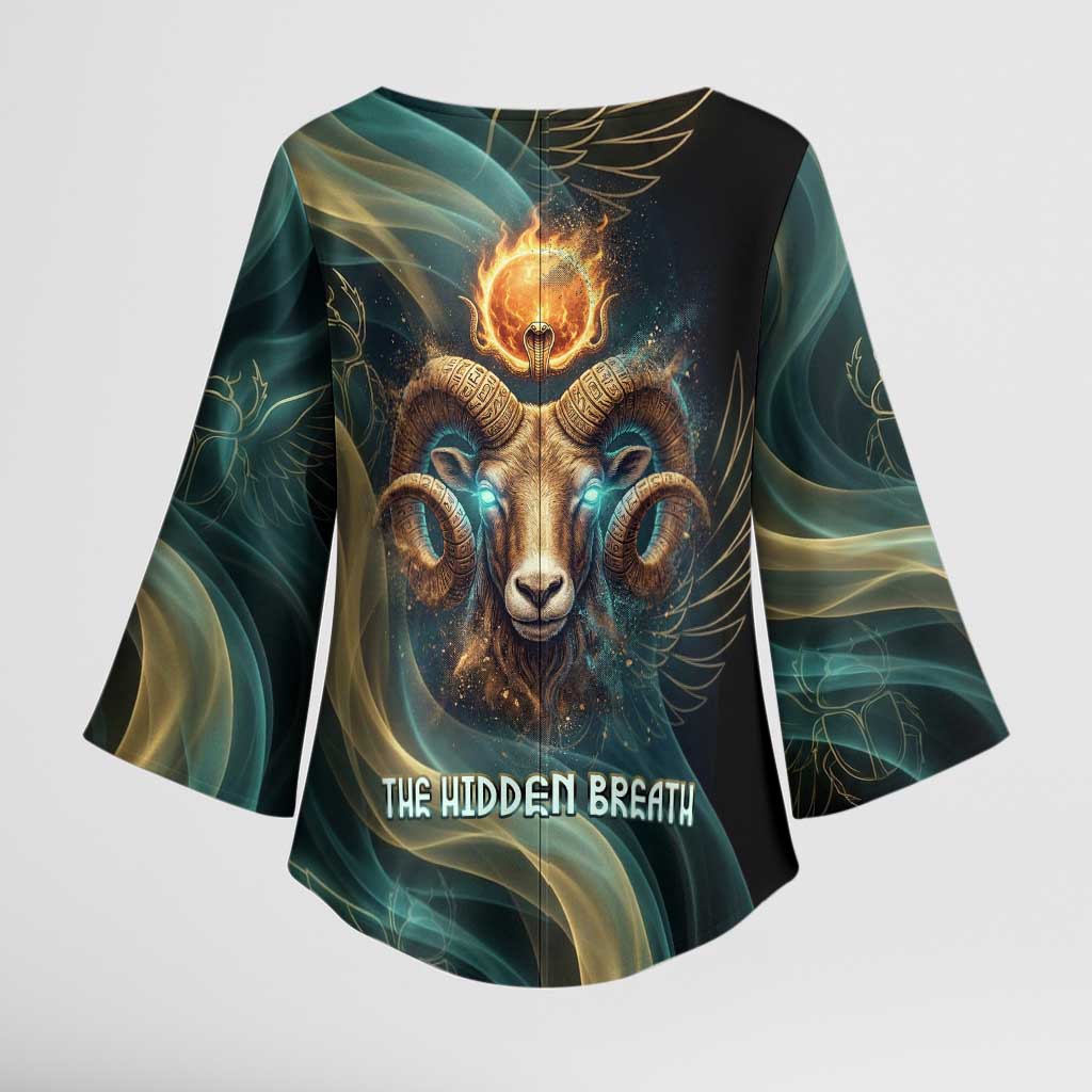 Amun Ancient Egyptian Kimono Sleeve Blouse with Mystical Smoke Swirl Pattern, Fiery Ram Head, and Hieroglyphic - Wonder Print Shop