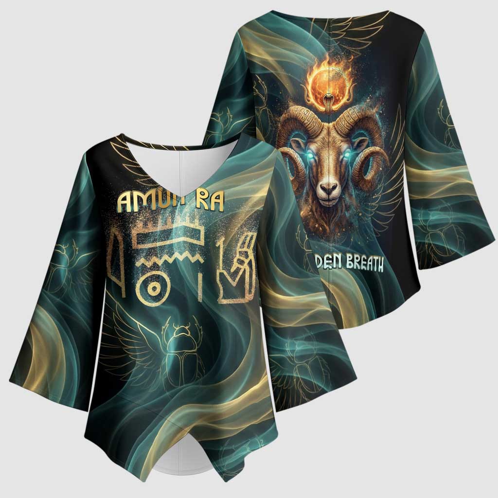 Amun Ancient Egyptian Kimono Sleeve Blouse with Mystical Smoke Swirl Pattern, Fiery Ram Head, and Hieroglyphic - Wonder Print Shop
