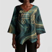 Amun Ancient Egyptian Kimono Sleeve Blouse with Mystical Smoke Swirl Pattern, Fiery Ram Head, and Hieroglyphic - Wonder Print Shop