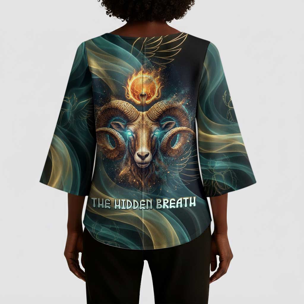 Amun Ancient Egyptian Kimono Sleeve Blouse with Mystical Smoke Swirl Pattern, Fiery Ram Head, and Hieroglyphic - Wonder Print Shop