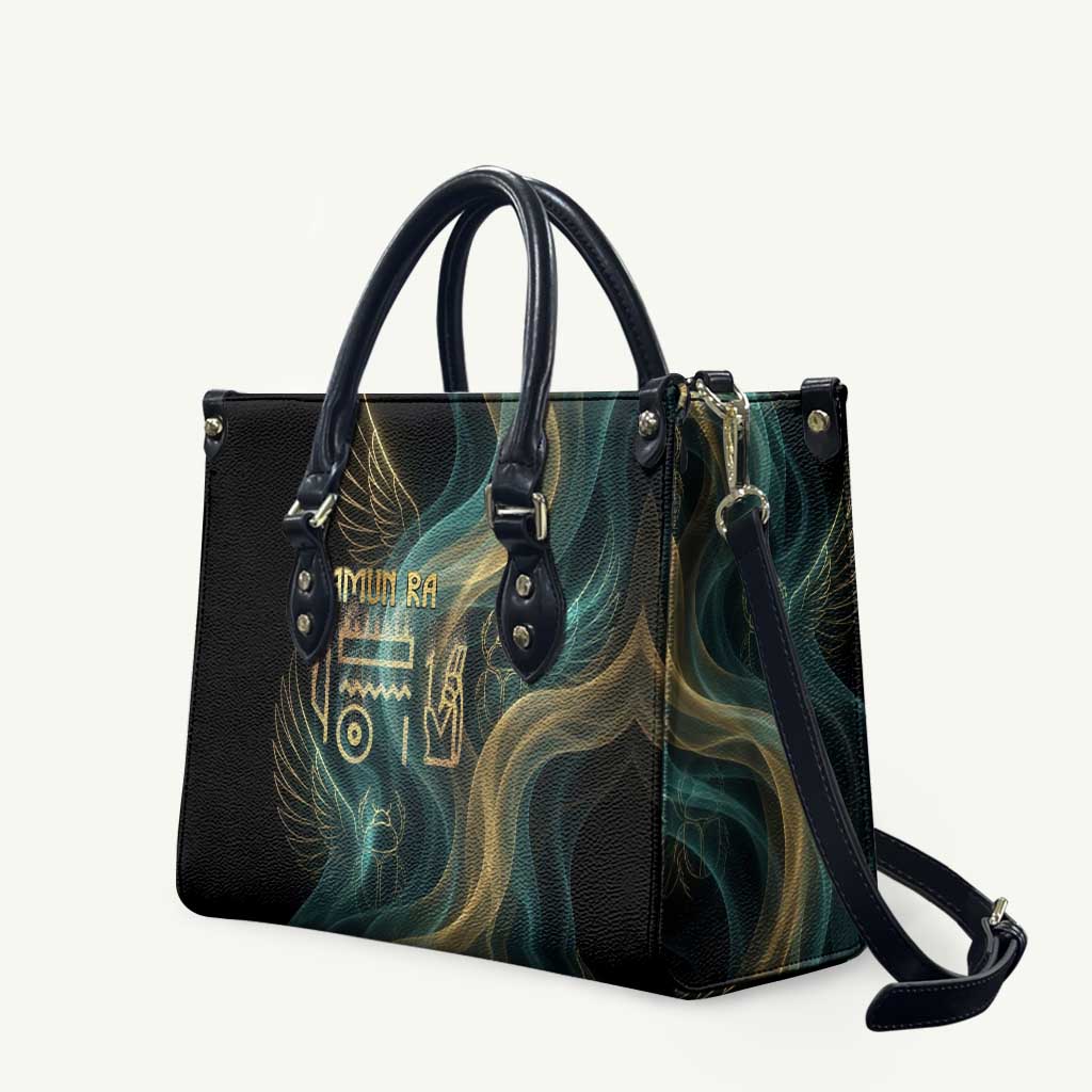 Amun Ancient Egyptian Leather Bag with Mystical Smoke Swirl Pattern, Fiery Ram Head, and Hieroglyphic - Wonder Print Shop