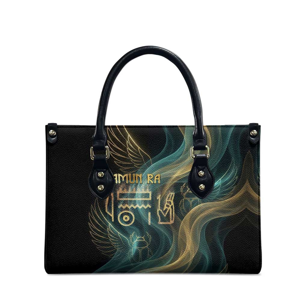 Amun Ancient Egyptian Leather Bag with Mystical Smoke Swirl Pattern, Fiery Ram Head, and Hieroglyphic - Wonder Print Shop