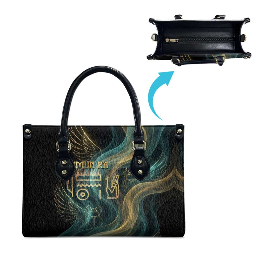 Amun Ancient Egyptian Leather Bag with Mystical Smoke Swirl Pattern, Fiery Ram Head, and Hieroglyphic - Wonder Print Shop