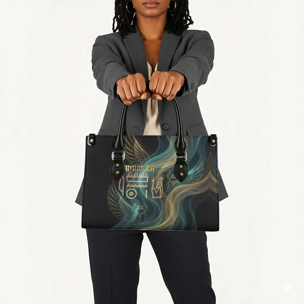 Amun Ancient Egyptian Leather Bag with Mystical Smoke Swirl Pattern, Fiery Ram Head, and Hieroglyphic - Wonder Print Shop