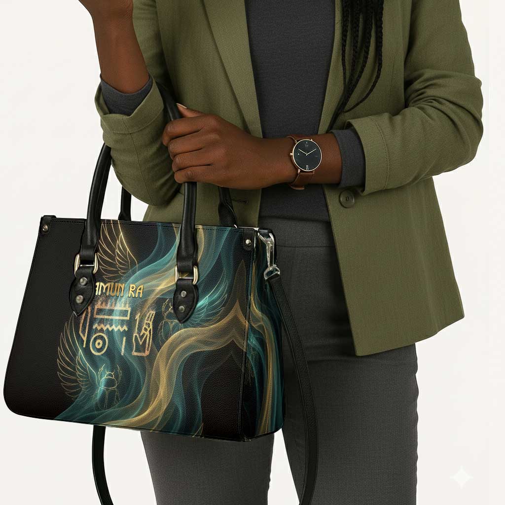 Amun Ancient Egyptian Leather Bag with Mystical Smoke Swirl Pattern, Fiery Ram Head, and Hieroglyphic - Wonder Print Shop