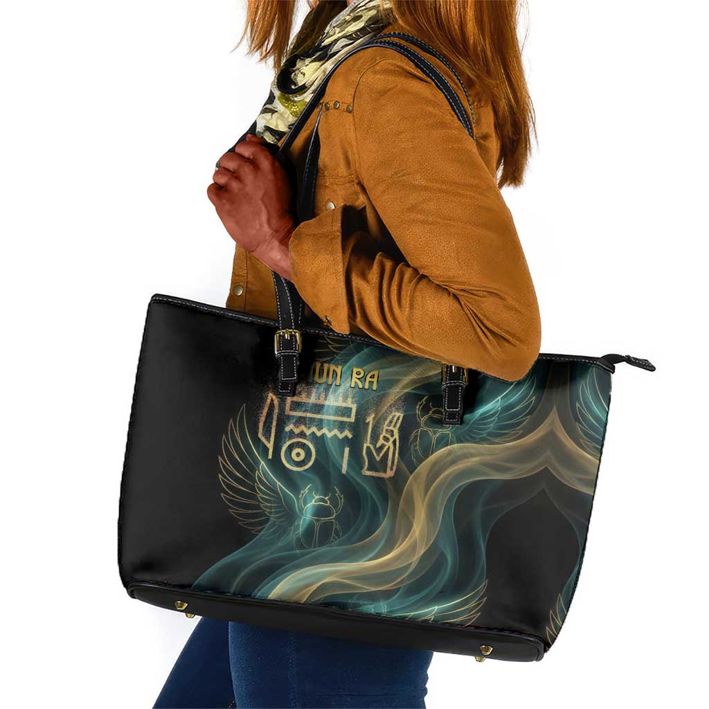 Amun Ancient Egyptian Leather Tote Bag with Mystical Smoke Swirl Pattern, Fiery Ram Head, and Hieroglyphic - Wonder Print Shop