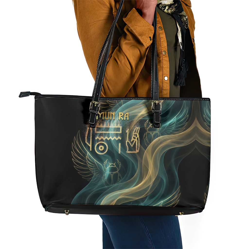 Amun Ancient Egyptian Leather Tote Bag with Mystical Smoke Swirl Pattern, Fiery Ram Head, and Hieroglyphic - Wonder Print Shop