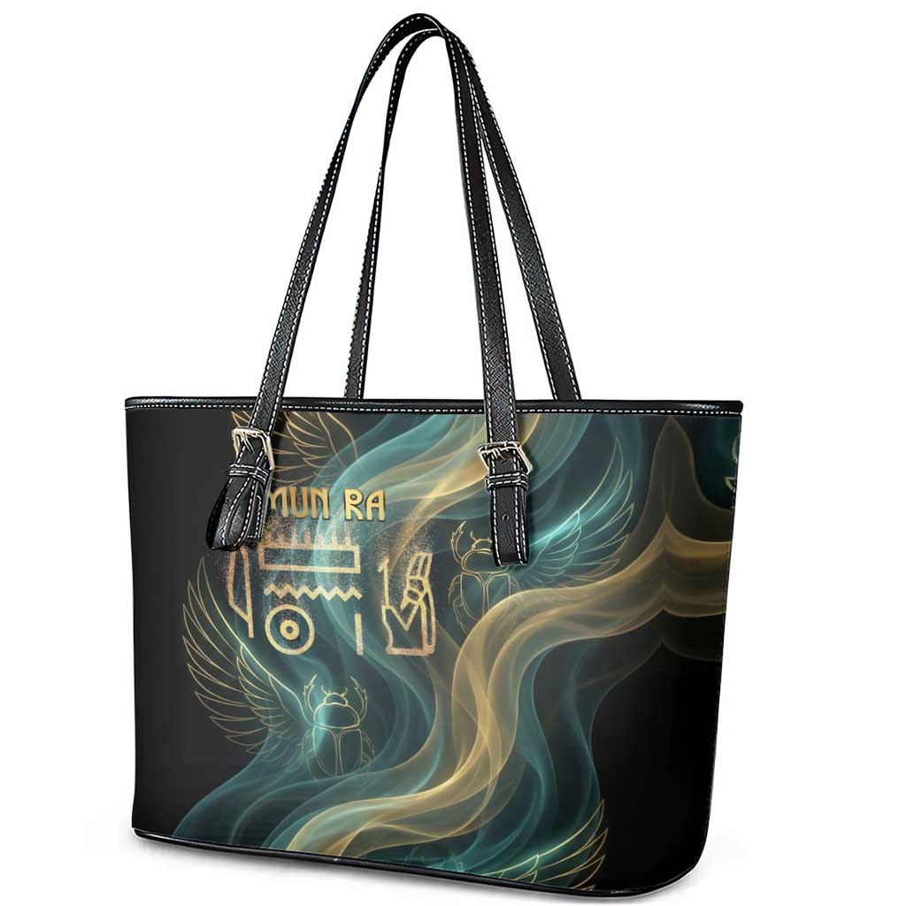 Amun Ancient Egyptian Leather Tote Bag with Mystical Smoke Swirl Pattern, Fiery Ram Head, and Hieroglyphic - Wonder Print Shop