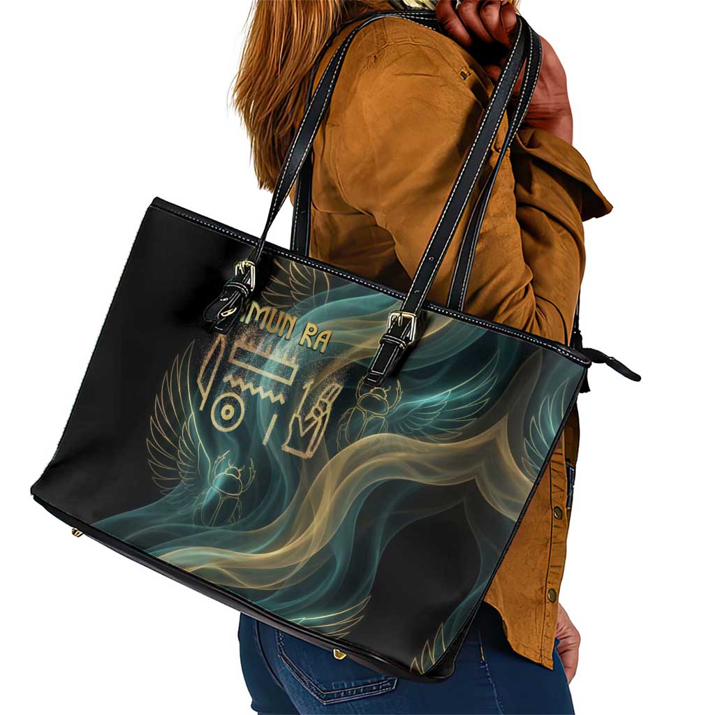 Amun Ancient Egyptian Leather Tote Bag with Mystical Smoke Swirl Pattern, Fiery Ram Head, and Hieroglyphic - Wonder Print Shop