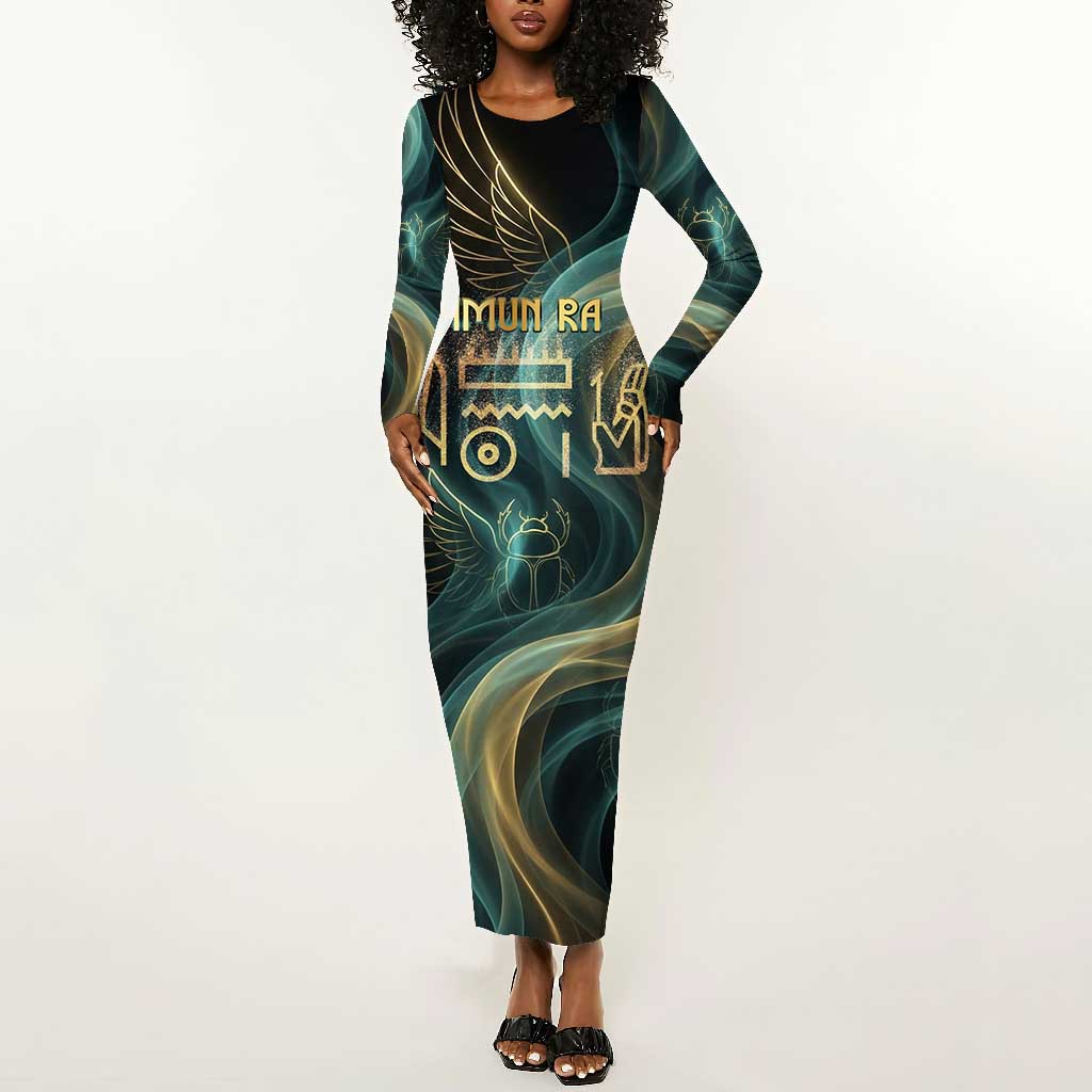 Amun Ancient Egyptian Long Sleeve Bodycon Dress with Mystical Smoke Swirl Pattern, Fiery Ram Head, and Hieroglyphic - Wonder Print Shop