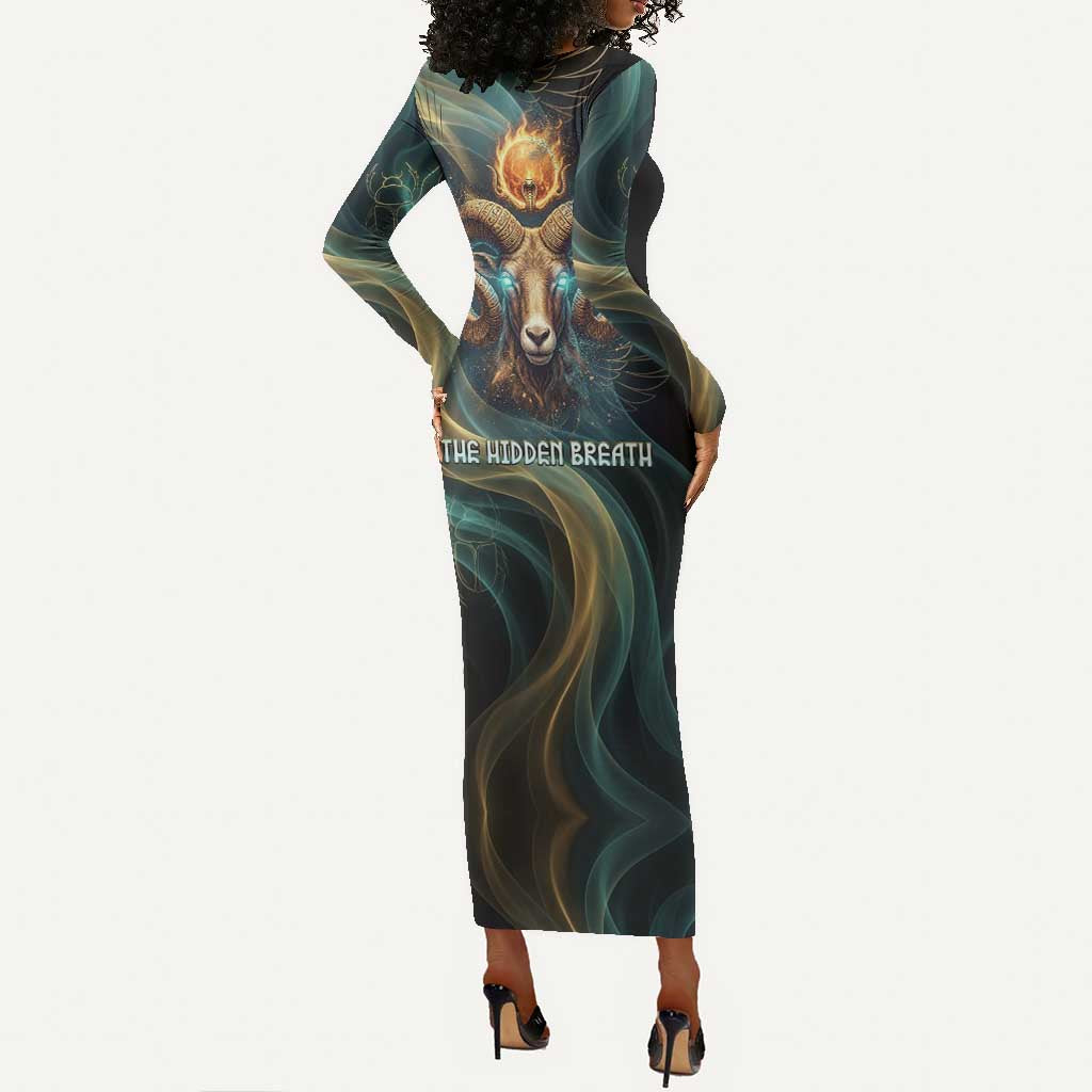 Amun Ancient Egyptian Long Sleeve Bodycon Dress with Mystical Smoke Swirl Pattern, Fiery Ram Head, and Hieroglyphic - Wonder Print Shop