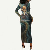 Amun Ancient Egyptian Long Sleeve Bodycon Dress with Mystical Smoke Swirl Pattern, Fiery Ram Head, and Hieroglyphic - Wonder Print Shop