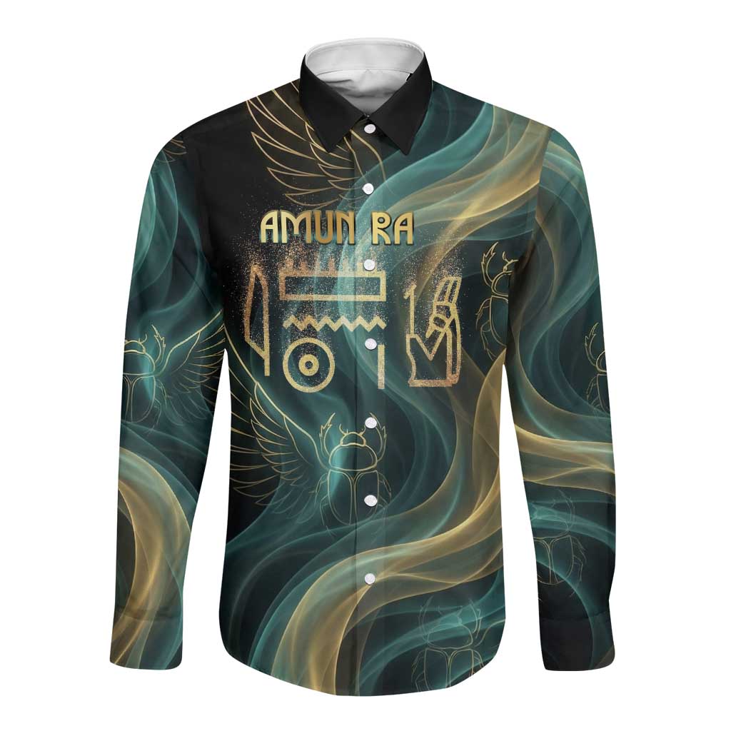 Amun Ancient Egyptian Long Sleeve Button Shirt with Mystical Smoke Swirl Pattern, Fiery Ram Head, and Hieroglyphic - Wonder Print Shop