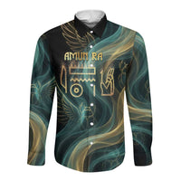 Amun Ancient Egyptian Long Sleeve Button Shirt with Mystical Smoke Swirl Pattern, Fiery Ram Head, and Hieroglyphic - Wonder Print Shop