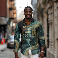 Amun Ancient Egyptian Long Sleeve Button Shirt with Mystical Smoke Swirl Pattern, Fiery Ram Head, and Hieroglyphic - Wonder Print Shop