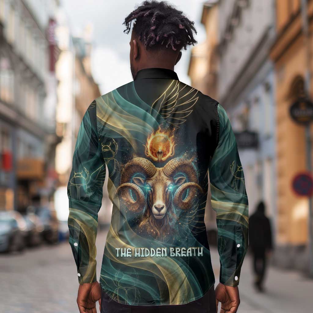Amun Ancient Egyptian Long Sleeve Button Shirt with Mystical Smoke Swirl Pattern, Fiery Ram Head, and Hieroglyphic - Wonder Print Shop