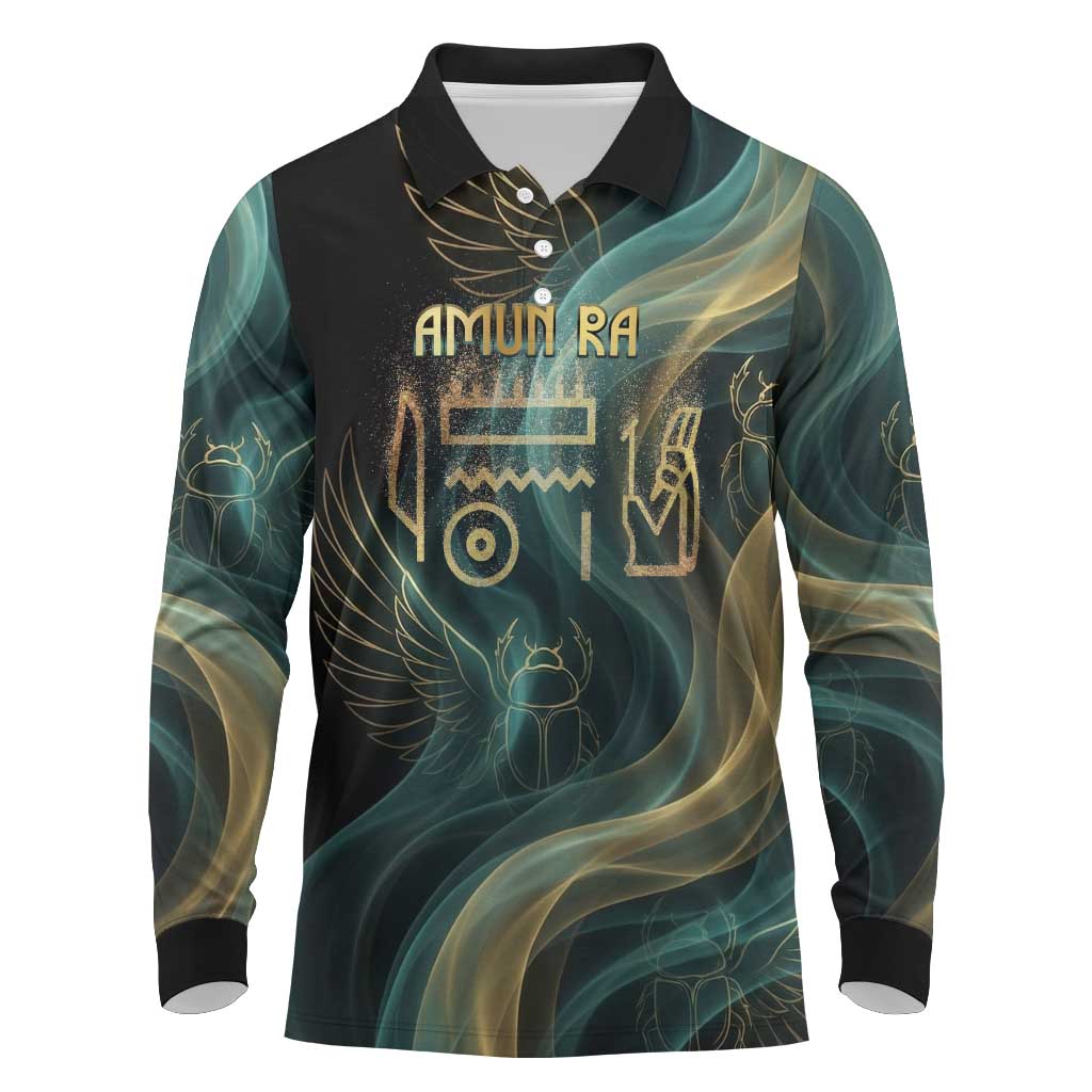 Amun Ancient Egyptian Long Sleeve Polo Shirt with Mystical Smoke Swirl Pattern, Fiery Ram Head, and Hieroglyphic - Wonder Print Shop