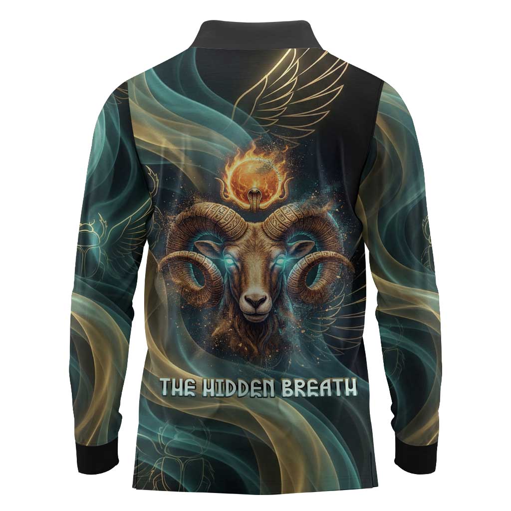 Amun Ancient Egyptian Long Sleeve Polo Shirt with Mystical Smoke Swirl Pattern, Fiery Ram Head, and Hieroglyphic - Wonder Print Shop