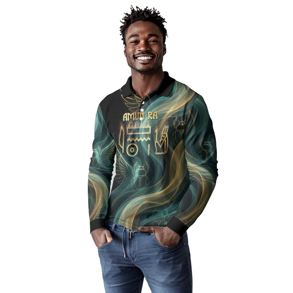Amun Ancient Egyptian Long Sleeve Polo Shirt with Mystical Smoke Swirl Pattern, Fiery Ram Head, and Hieroglyphic - Wonder Print Shop