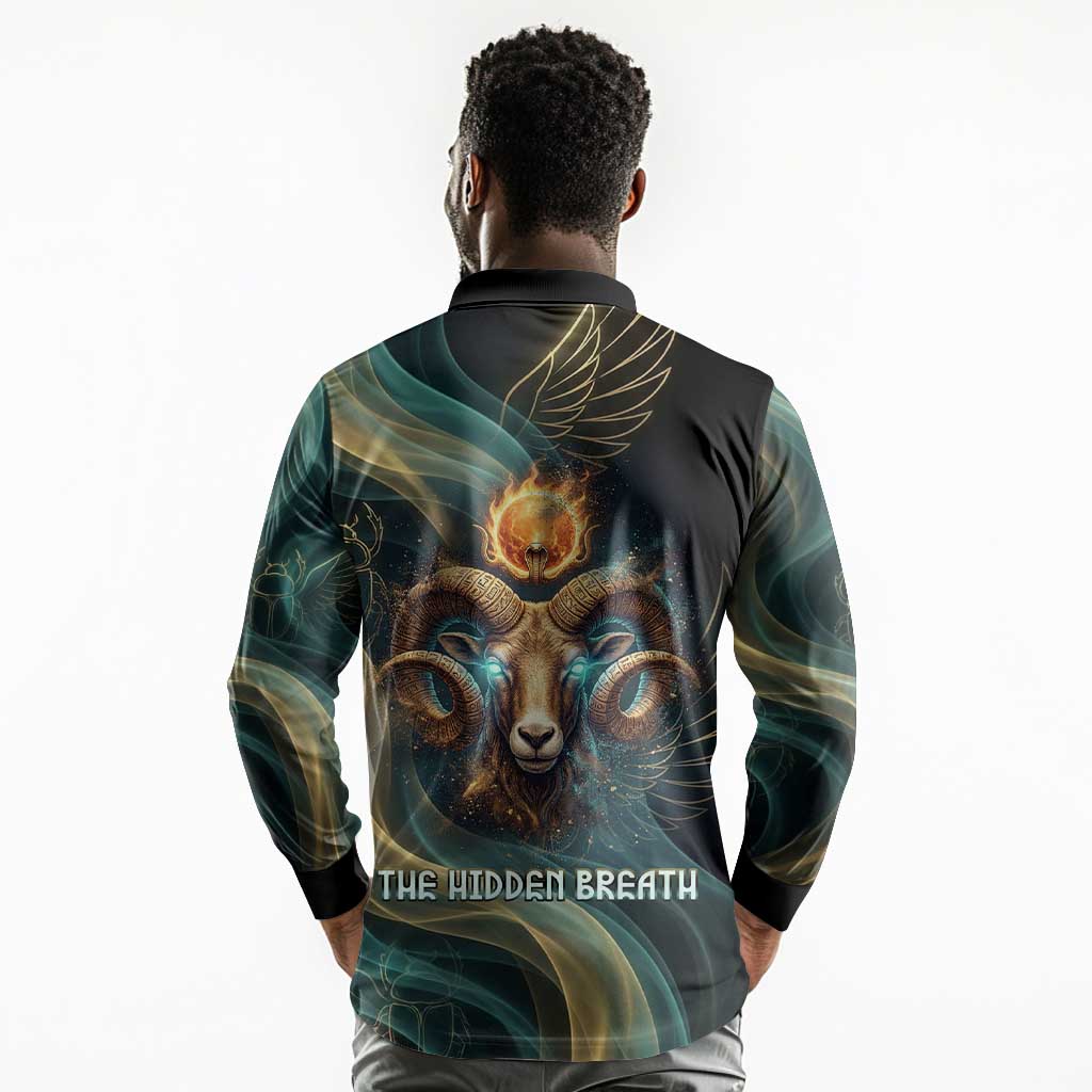 Amun Ancient Egyptian Long Sleeve Polo Shirt with Mystical Smoke Swirl Pattern, Fiery Ram Head, and Hieroglyphic - Wonder Print Shop