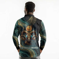 Amun Ancient Egyptian Long Sleeve Polo Shirt with Mystical Smoke Swirl Pattern, Fiery Ram Head, and Hieroglyphic - Wonder Print Shop