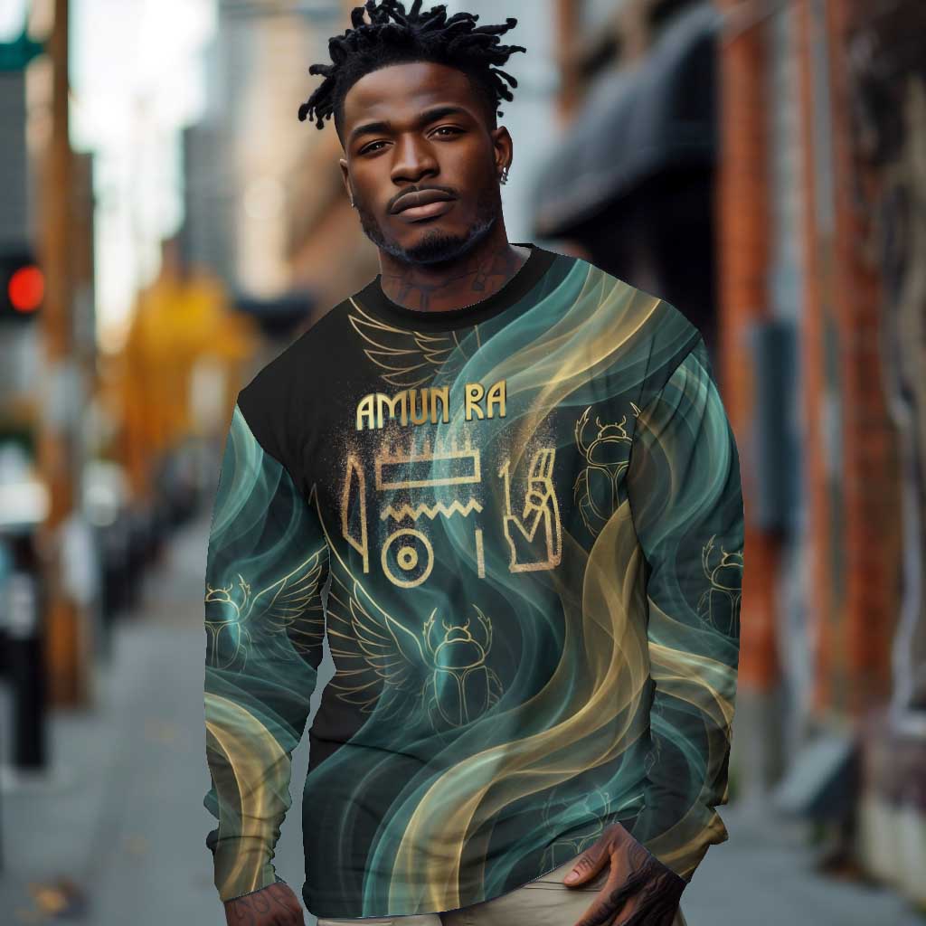 Amun Ancient Egyptian Long Sleeve Shirt with Mystical Smoke Swirl Pattern, Fiery Ram Head, and Hieroglyphic - Wonder Print Shop