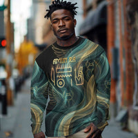 Amun Ancient Egyptian Long Sleeve Shirt with Mystical Smoke Swirl Pattern, Fiery Ram Head, and Hieroglyphic - Wonder Print Shop
