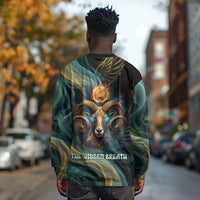 Amun Ancient Egyptian Long Sleeve Shirt with Mystical Smoke Swirl Pattern, Fiery Ram Head, and Hieroglyphic - Wonder Print Shop