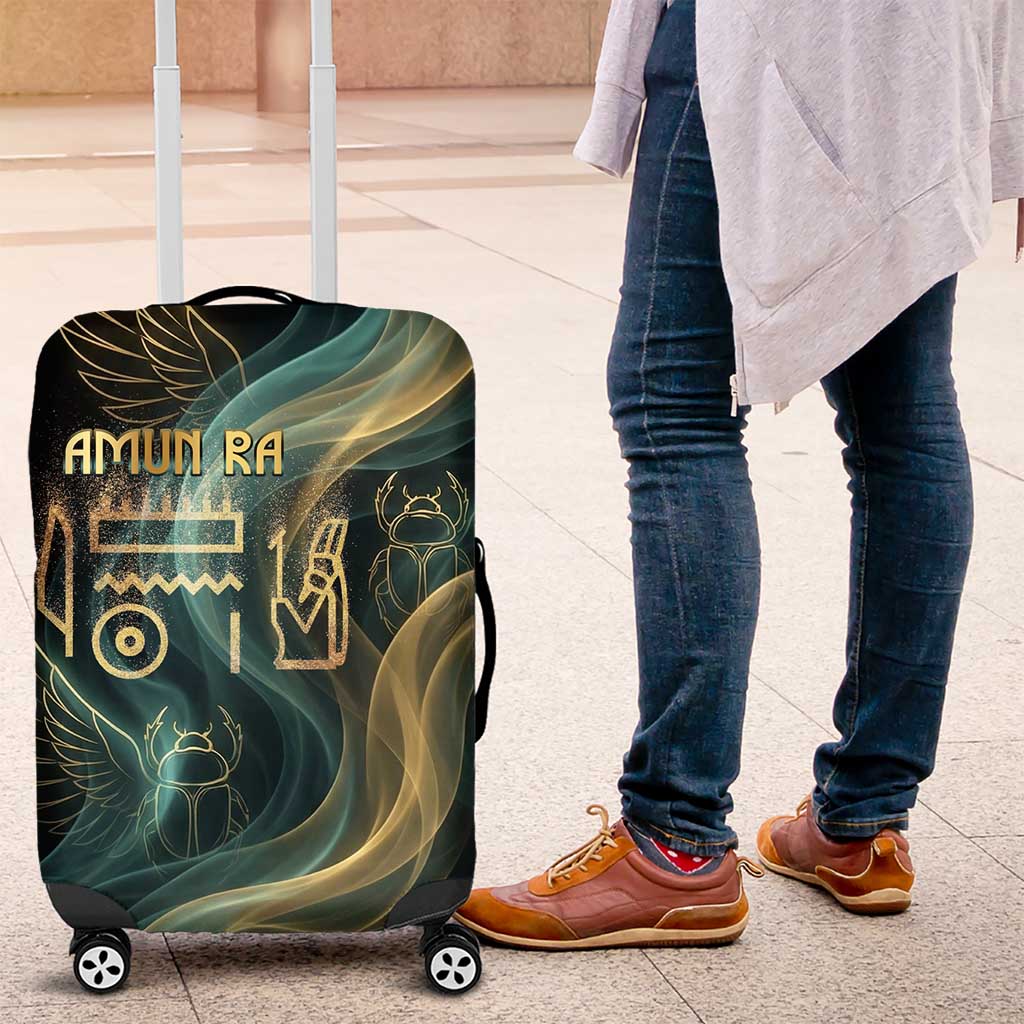 Amun Ancient Egyptian Luggage Cover with Mystical Smoke Swirl Pattern, Fiery Ram Head, and Hieroglyphic - Wonder Print Shop